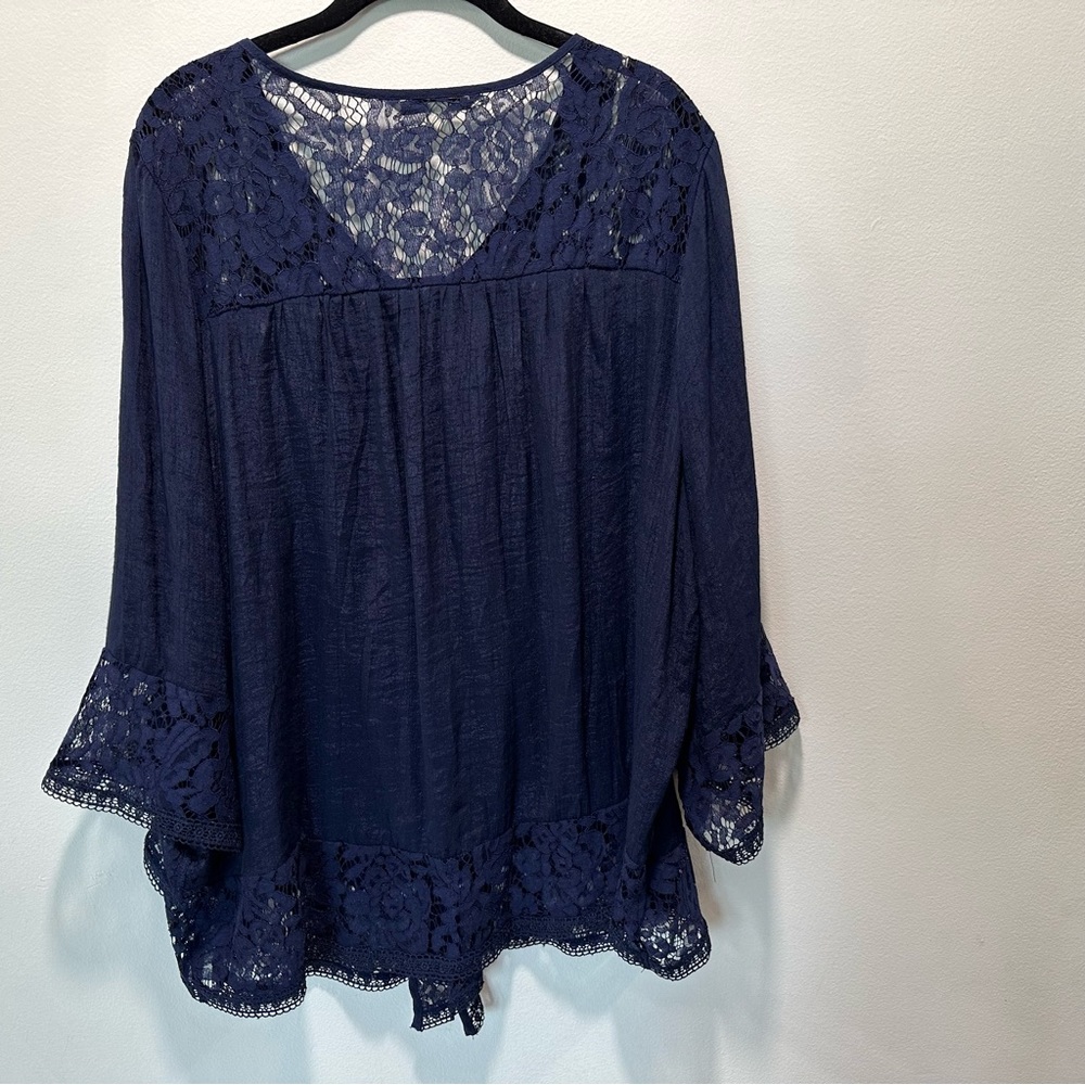 Zac & Rachel Navy Lace Trim Sheer Lightweight Chic 3/4 Sleeve Top Womens Size 1X - Picture 5 of 8